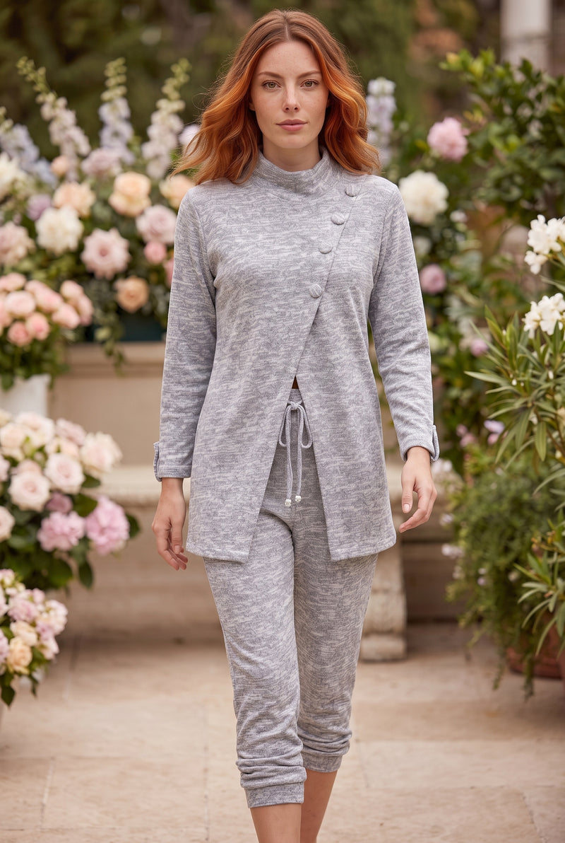 Grey Long Sleeve Co-ord Set with Asymmetric Buttons in gray – photo 3