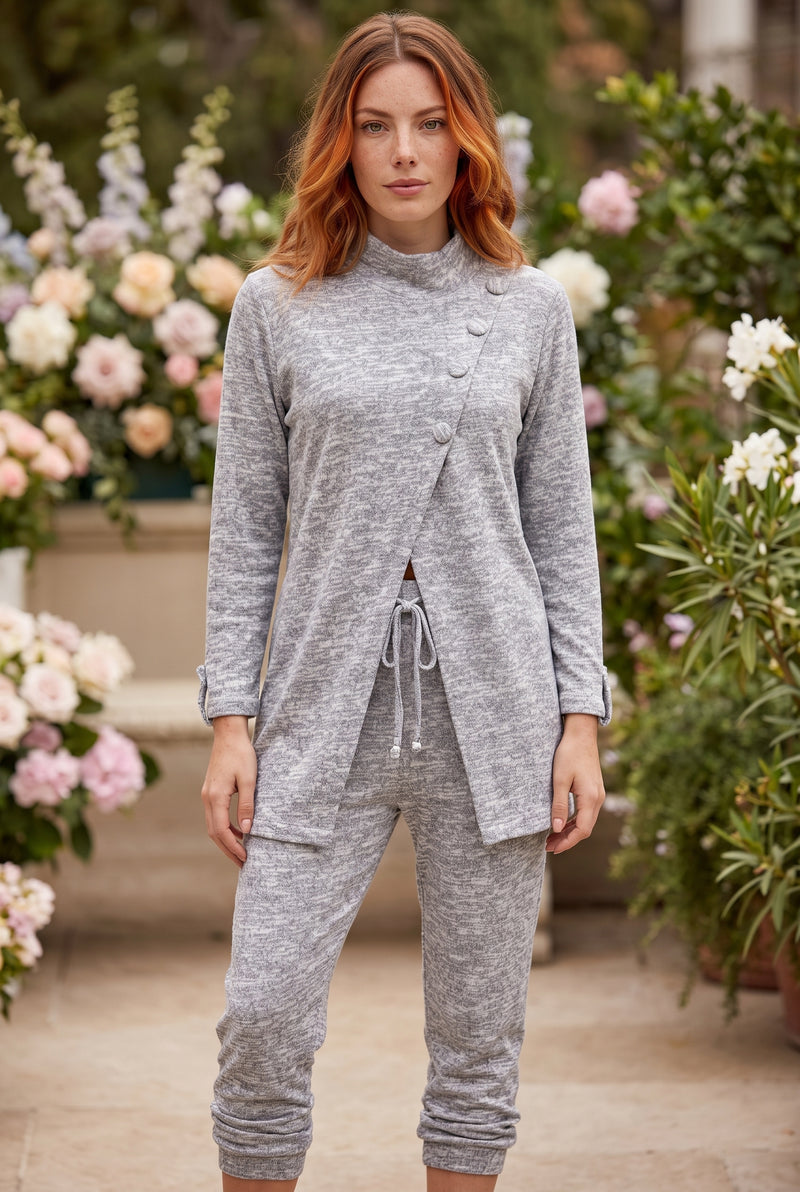 Grey Long Sleeve Co-ord Set with Asymmetric Buttons in gray – photo 5