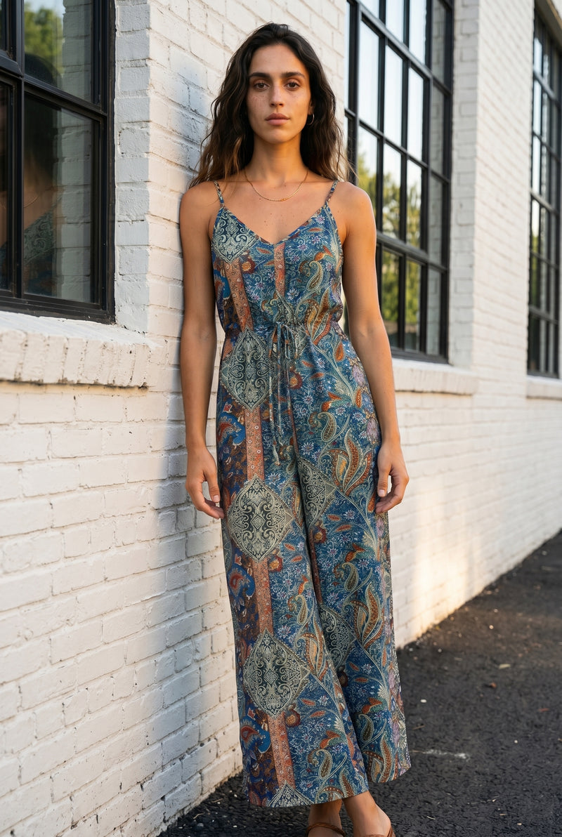 Bedruckter Jumpsuit mit weitem Bein und V-Ausschnitt in Gemustert – Foto 2