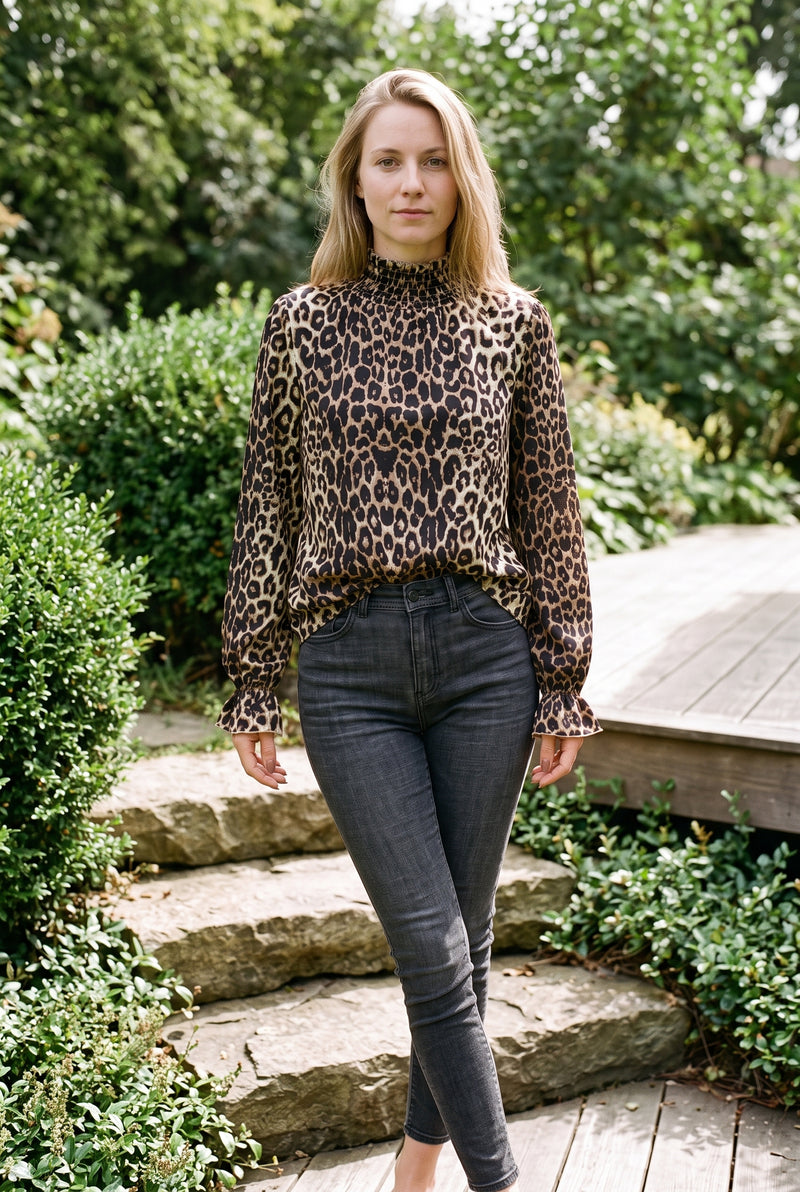 Leopard Print Long Sleeve Turtleneck Top