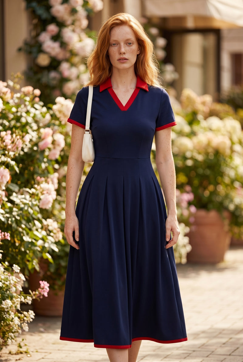 Plissiertes Kurzarm Midikleid mit Kontrastkragen in Marine – Foto 5