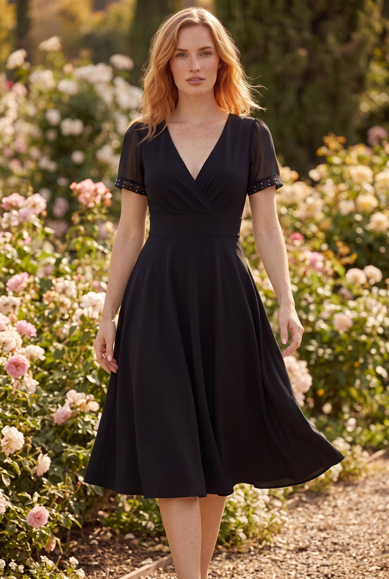 Black Midi Dress with Embellished Short Sleeves – photo 3