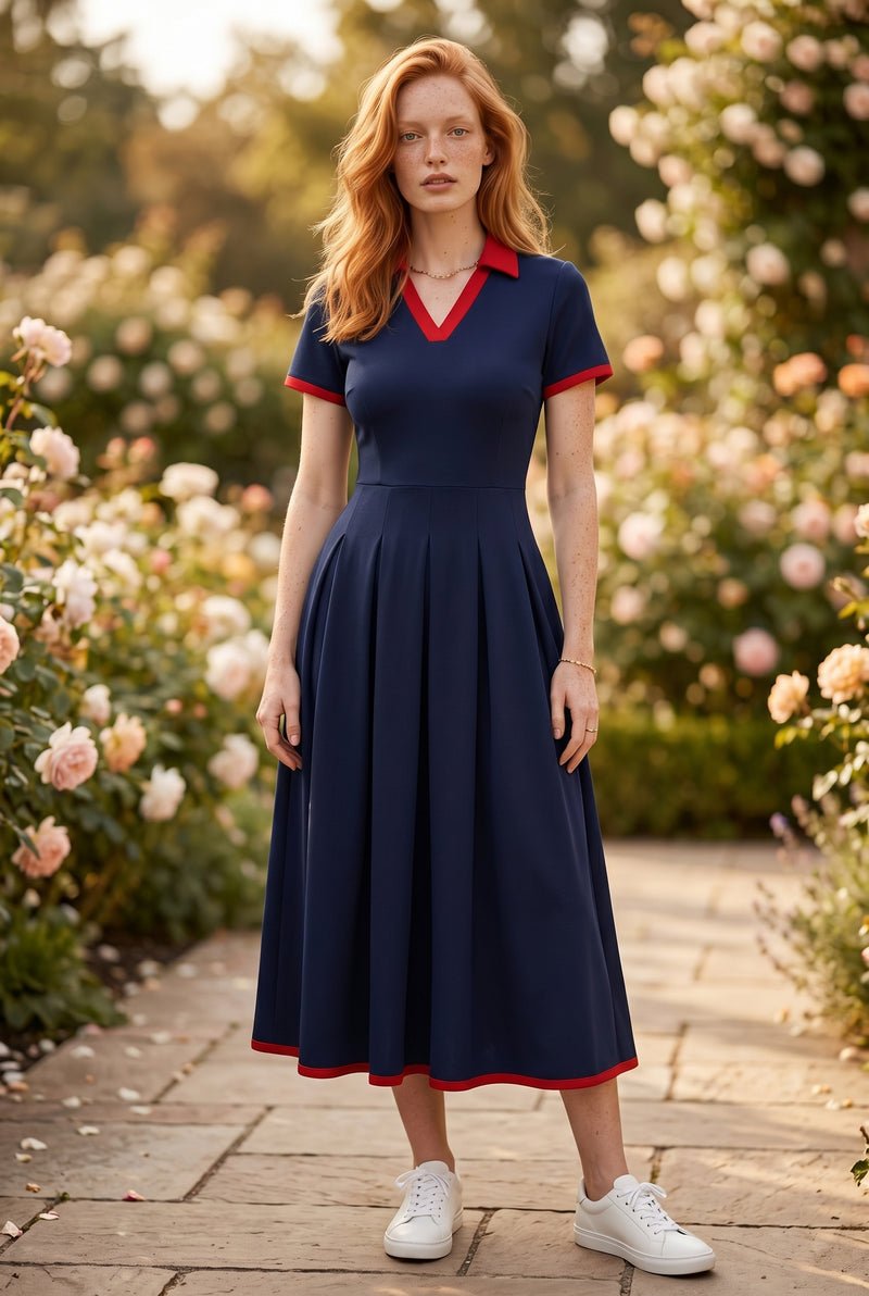 Plissiertes Kurzarm Midikleid mit Kontrastkragen in Marine