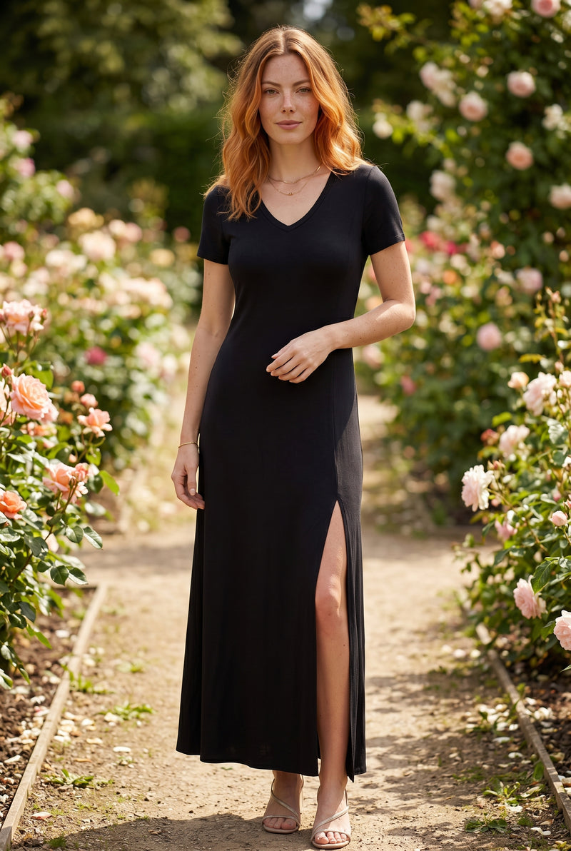 Short Sleeve V-Neck Viscose Maxi Dress with Slit in black – photo 2