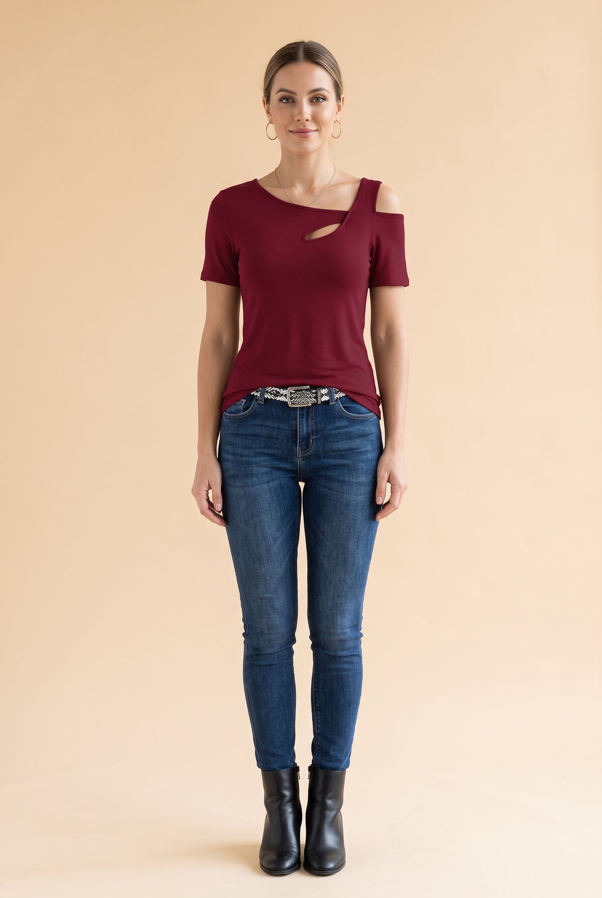 Short Sleeve Asymmetric Top with Cut-Outs in burgundy