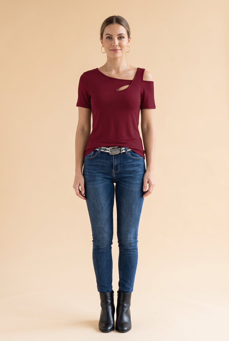 Short Sleeve Asymmetric Top with Cut-Outs in burgundy