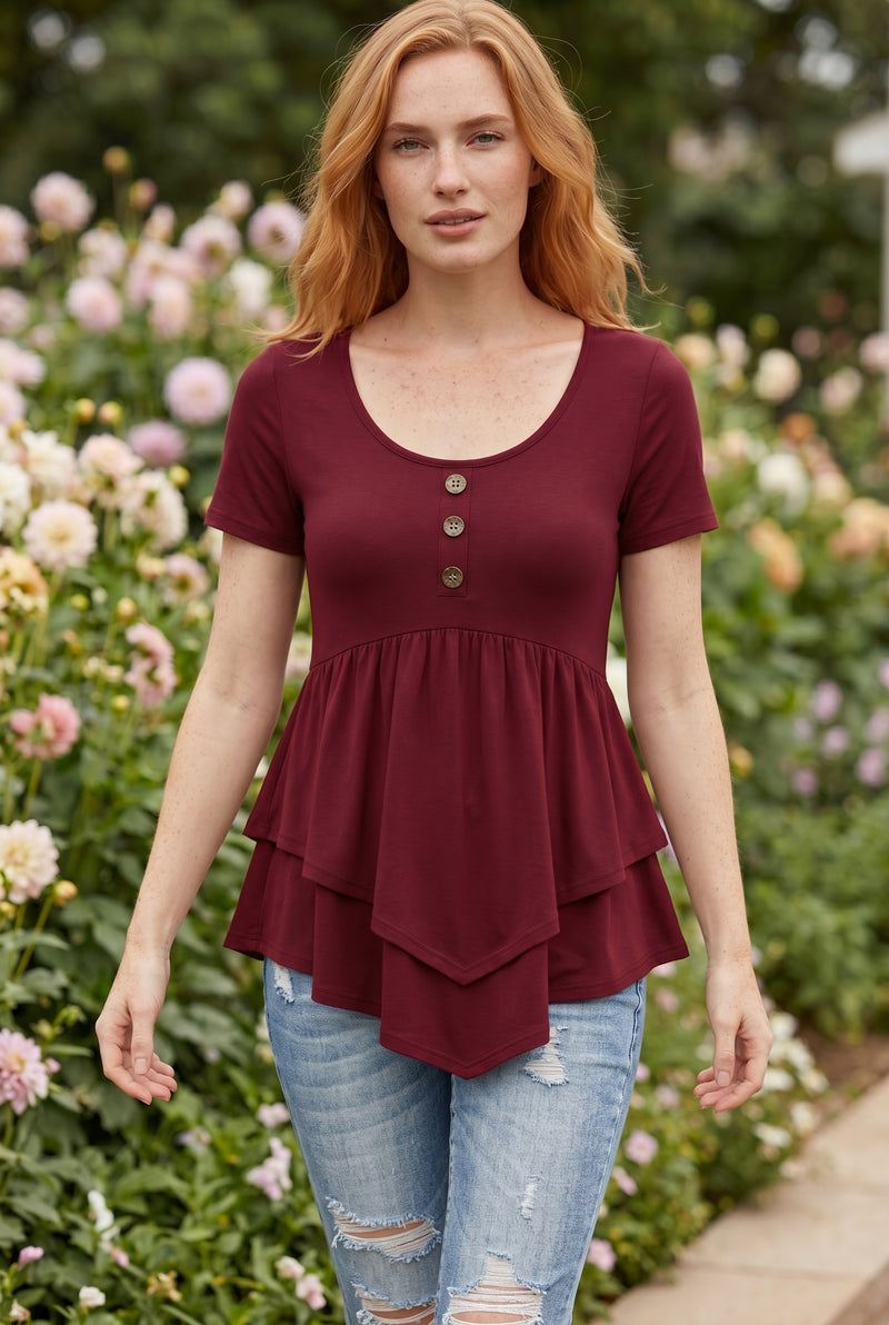 Short Sleeve Top with Asymmetric Tiered Hem in burgundy – photo 4