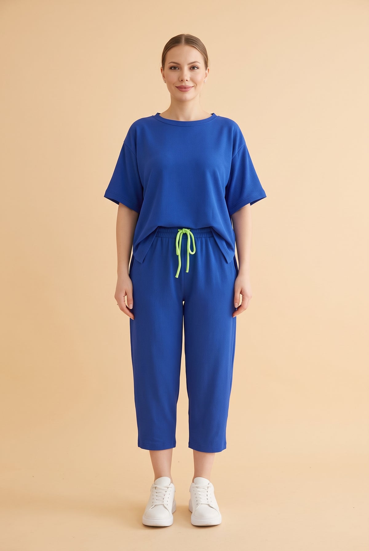 Short Sleeve Crew Neck Viscose Co-ord Set in sax blue