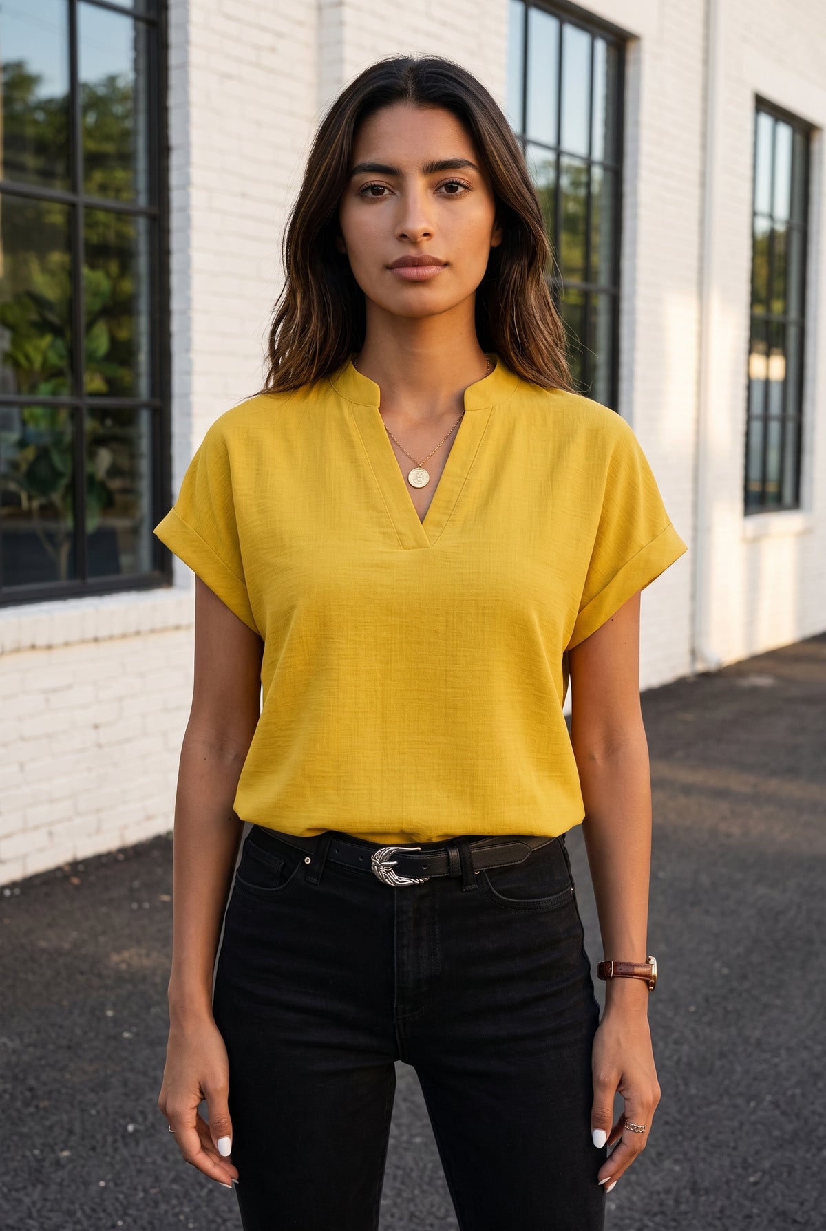 Blouse en lin à col mao et manches courtes, coloris jaune – photo 5