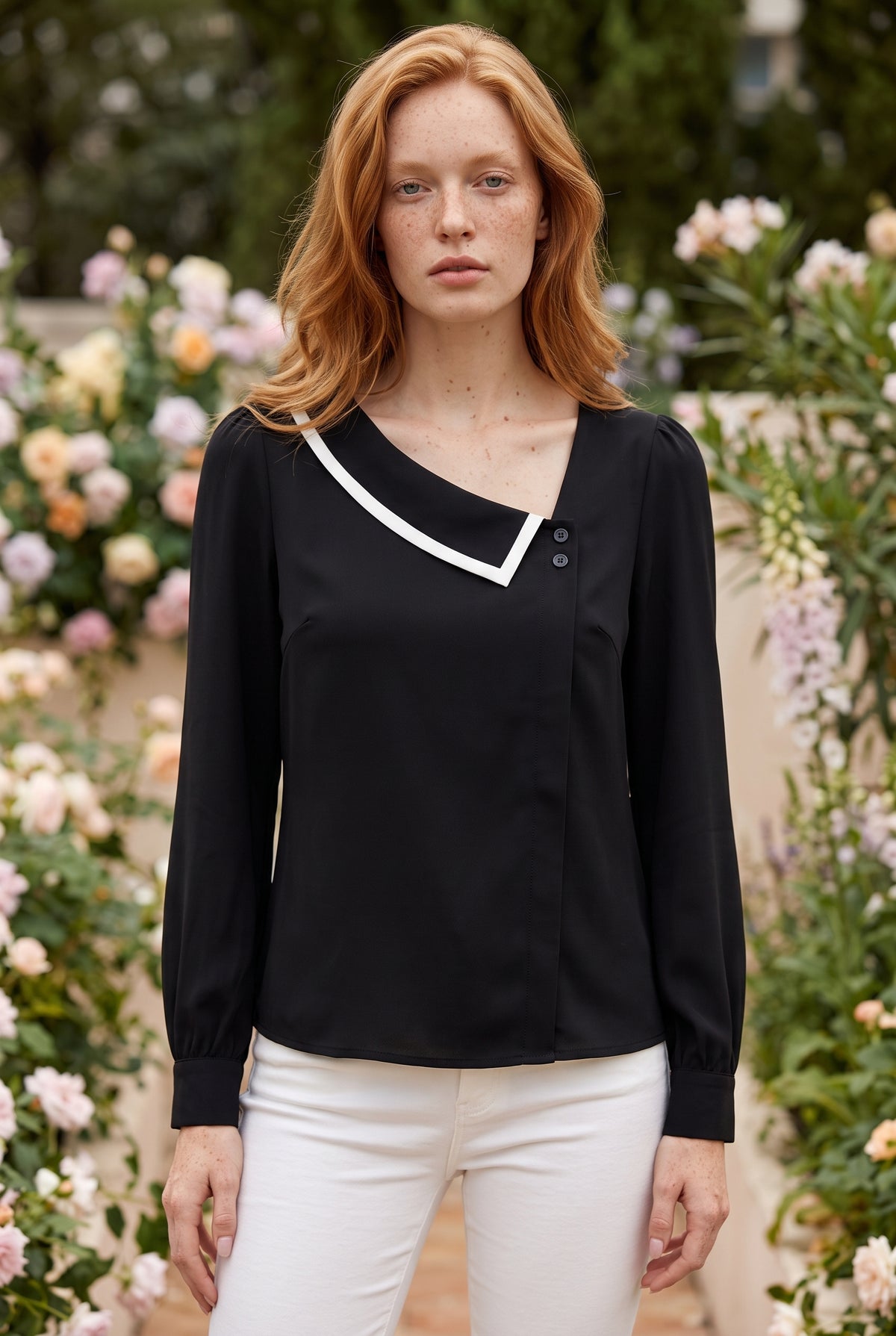 Black Long Sleeve Top with Asymmetric Collar – photo 5