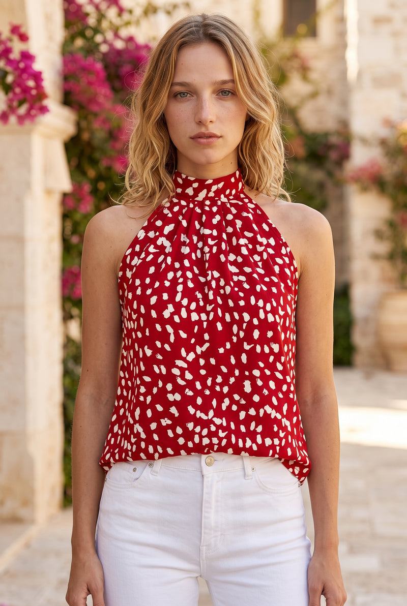 Rote Bluse mit Stehkragen und Muster – Foto 5