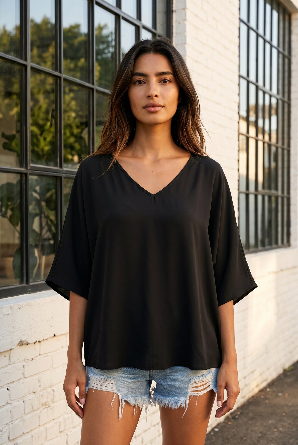 Black V Neck Top with Drop Shoulder Short Sleeves – photo 5