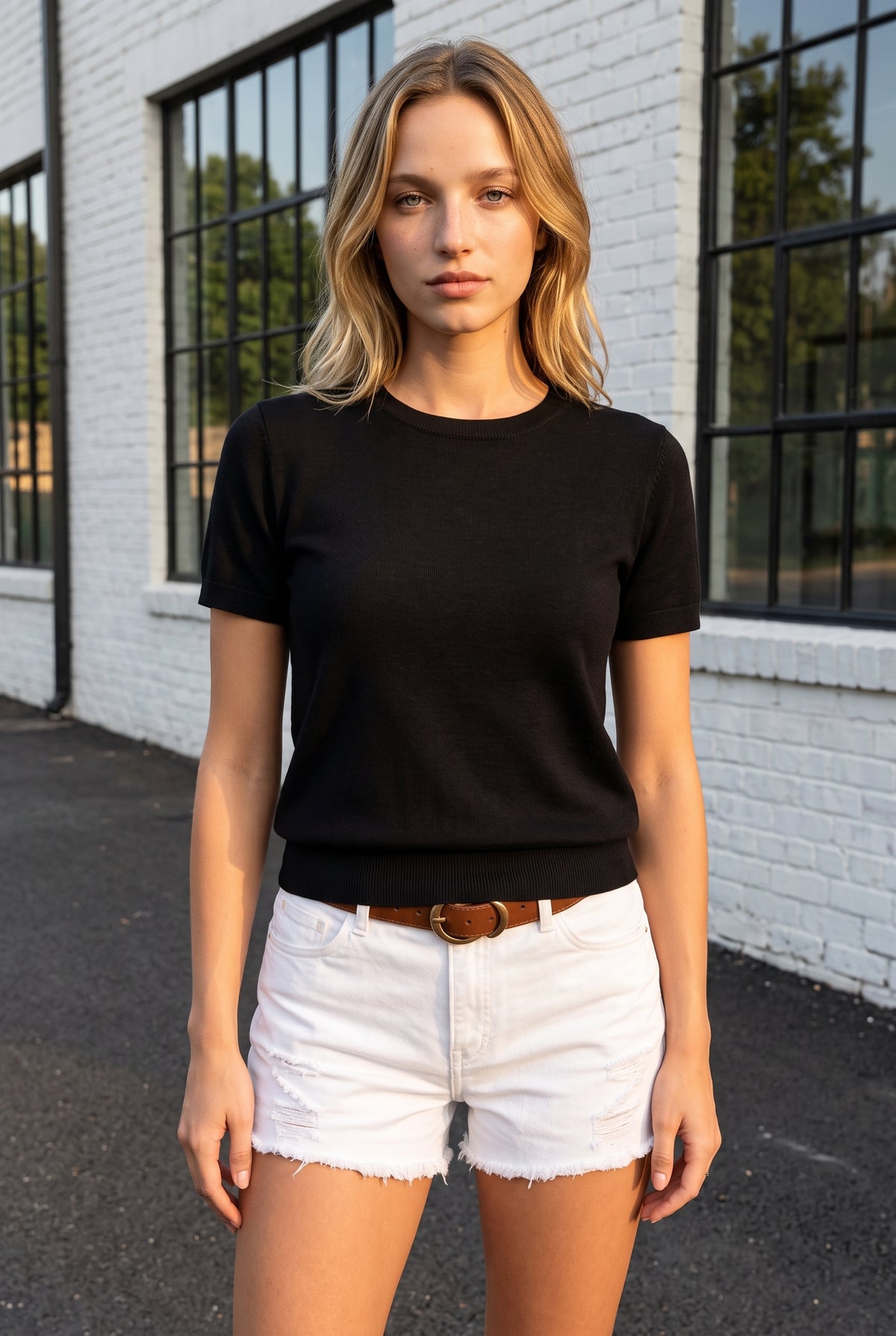 Black Short Sleeve Knitted Top with Crew Neck – photo 5