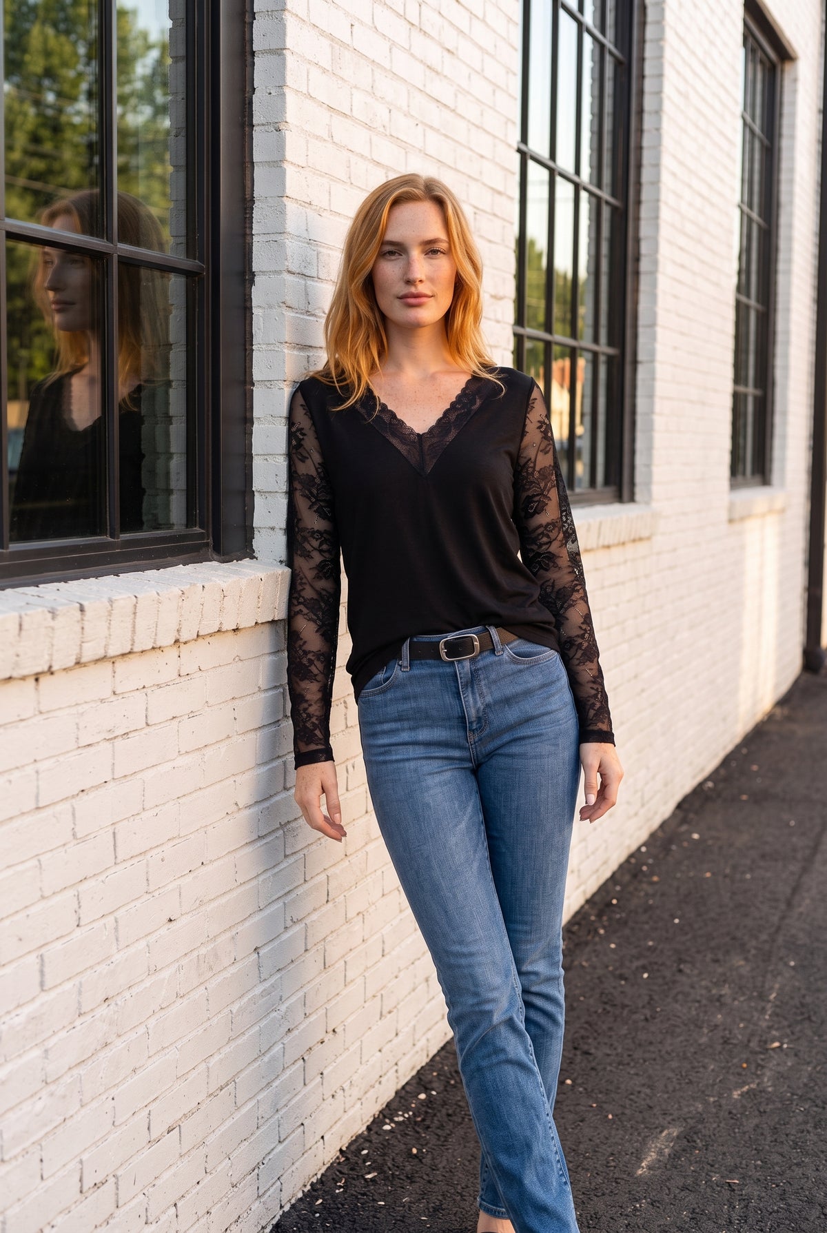 Black Lace Long Sleeve Top with V-Neck