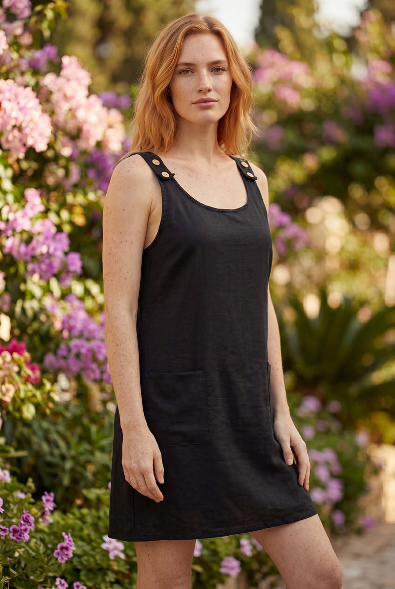 Sleeveless A Line Linen Mini Dress with Pockets in black – photo 2