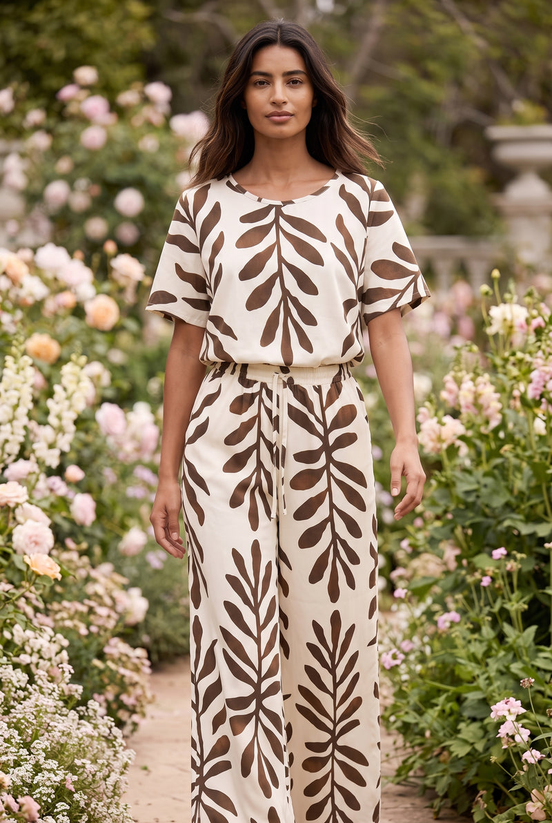 Brown Printed Short Sleeve Wide Leg Jumpsuit – photo 3