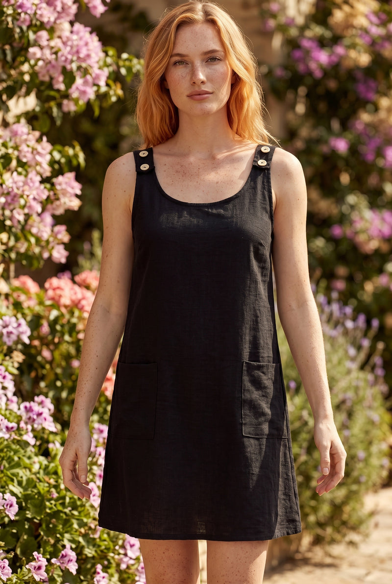 Sleeveless A Line Linen Mini Dress with Pockets in black
