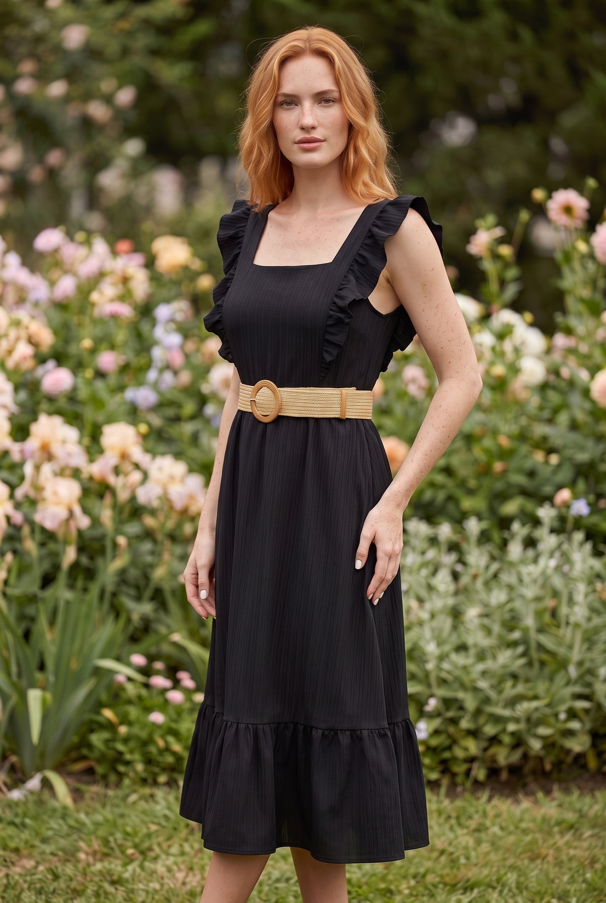 Black Midi Dress with Ruffled Straps and Square Neck – photo 4
