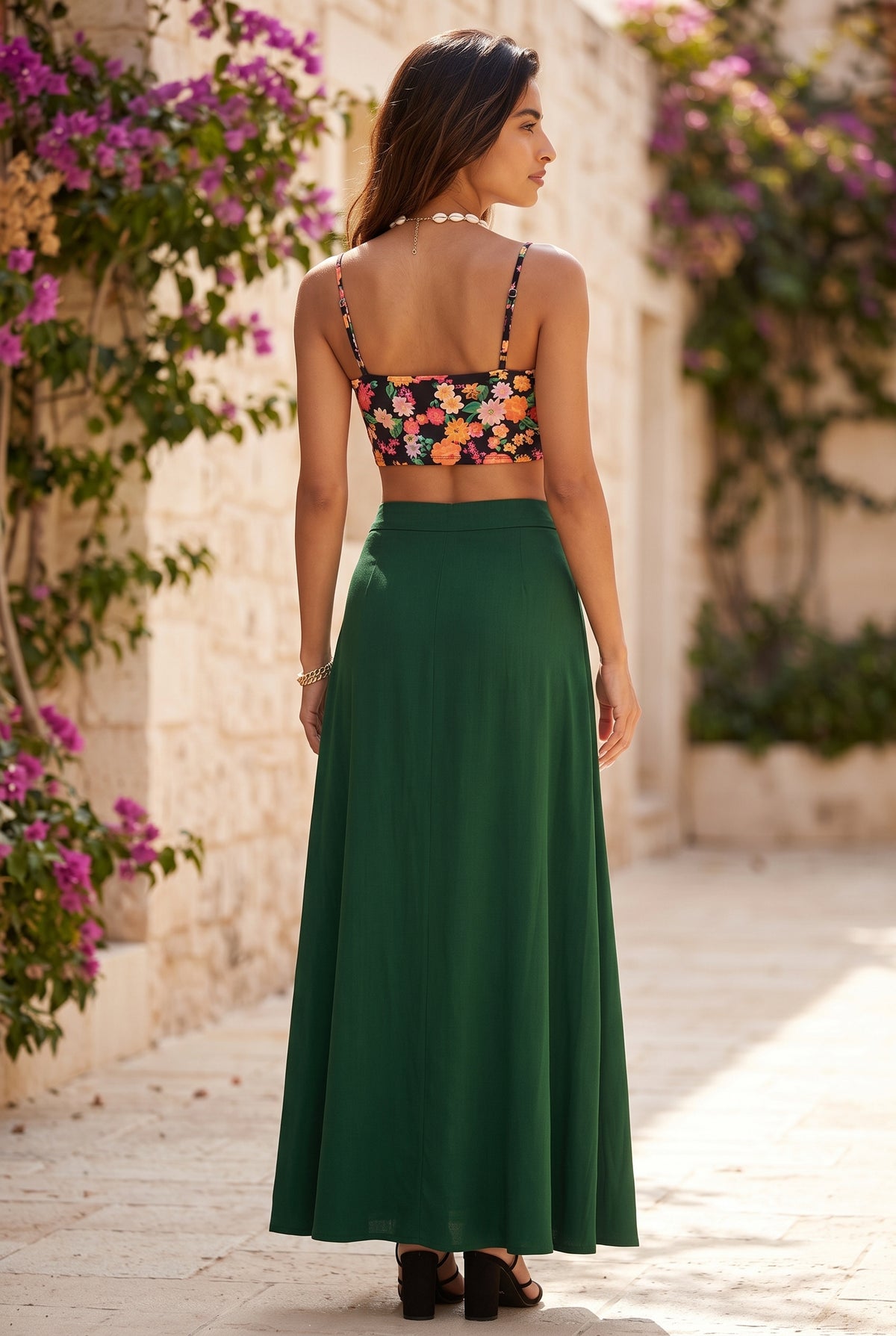 High Waisted Crepe Maxi Skirt with Slit in emerald – photo 4