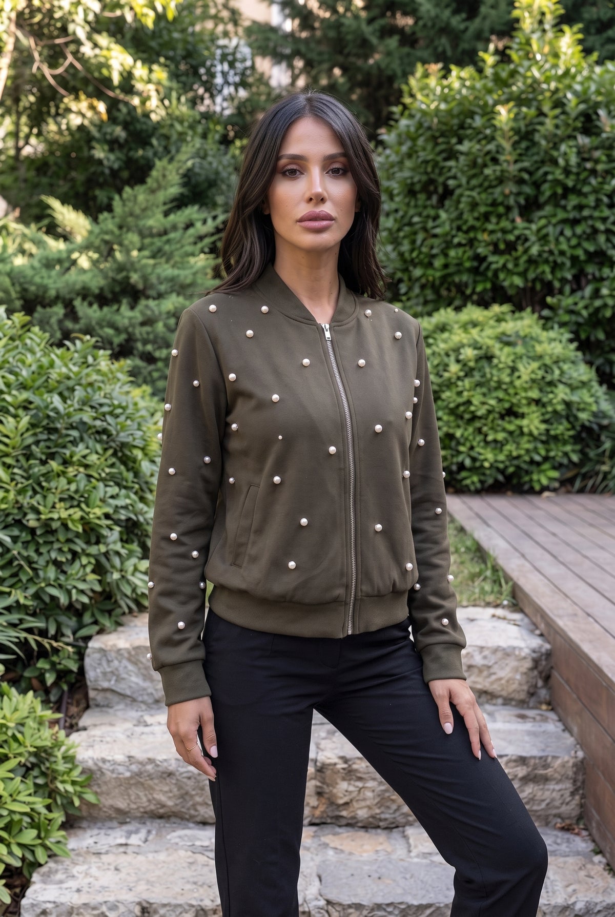 Khaki Long Sleeve Zip Front Pearl Embellished Jacket – photo 4