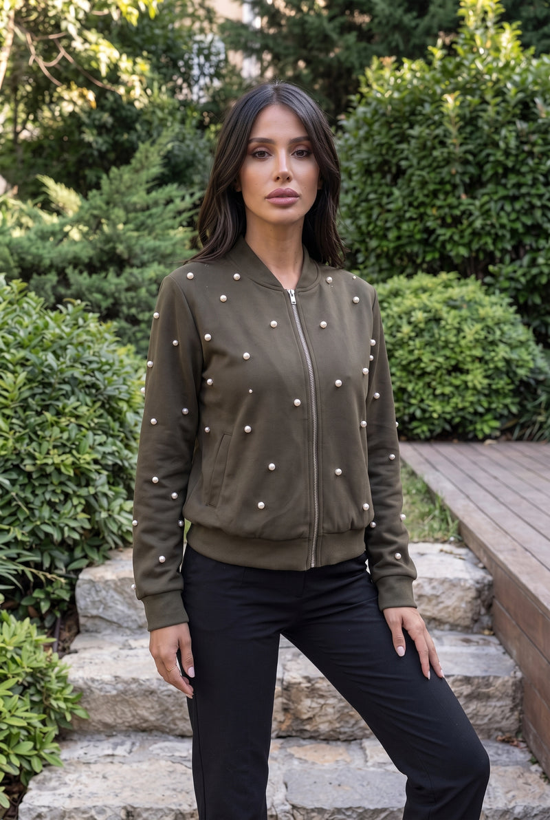 Khaki Long Sleeve Zip Front Pearl Embellished Jacket – photo 4