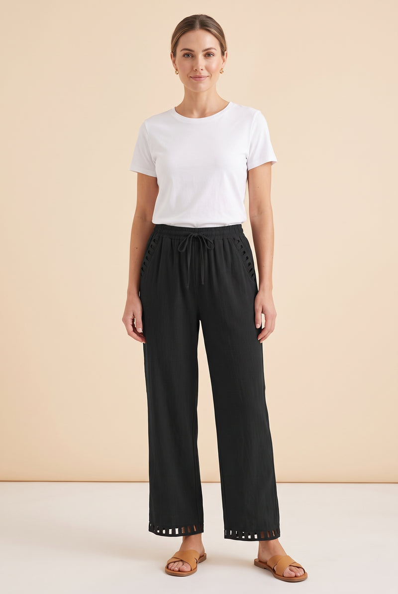 Black Elasticated Waist Linen Trousers with Lace Hem