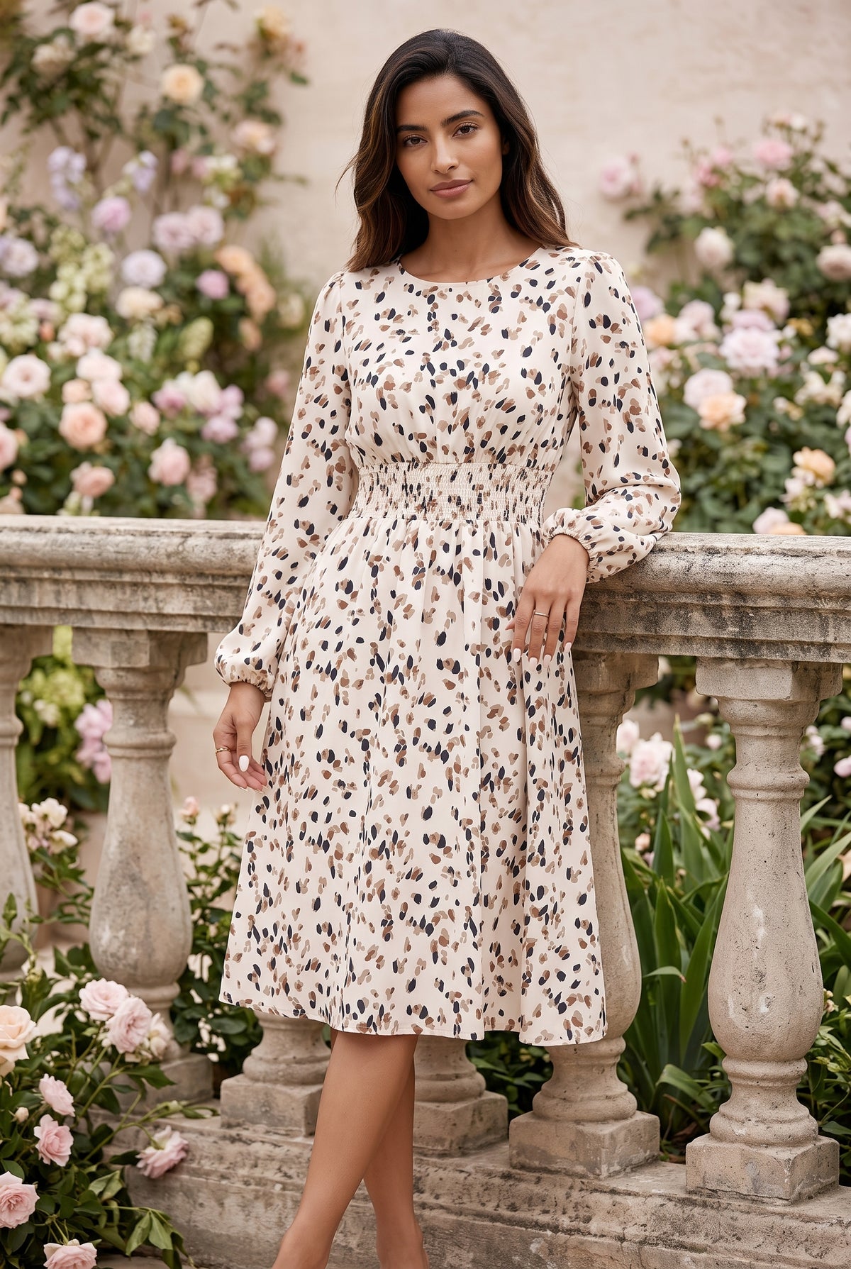 Leopard Print Long Sleeve Midi Dress in beige