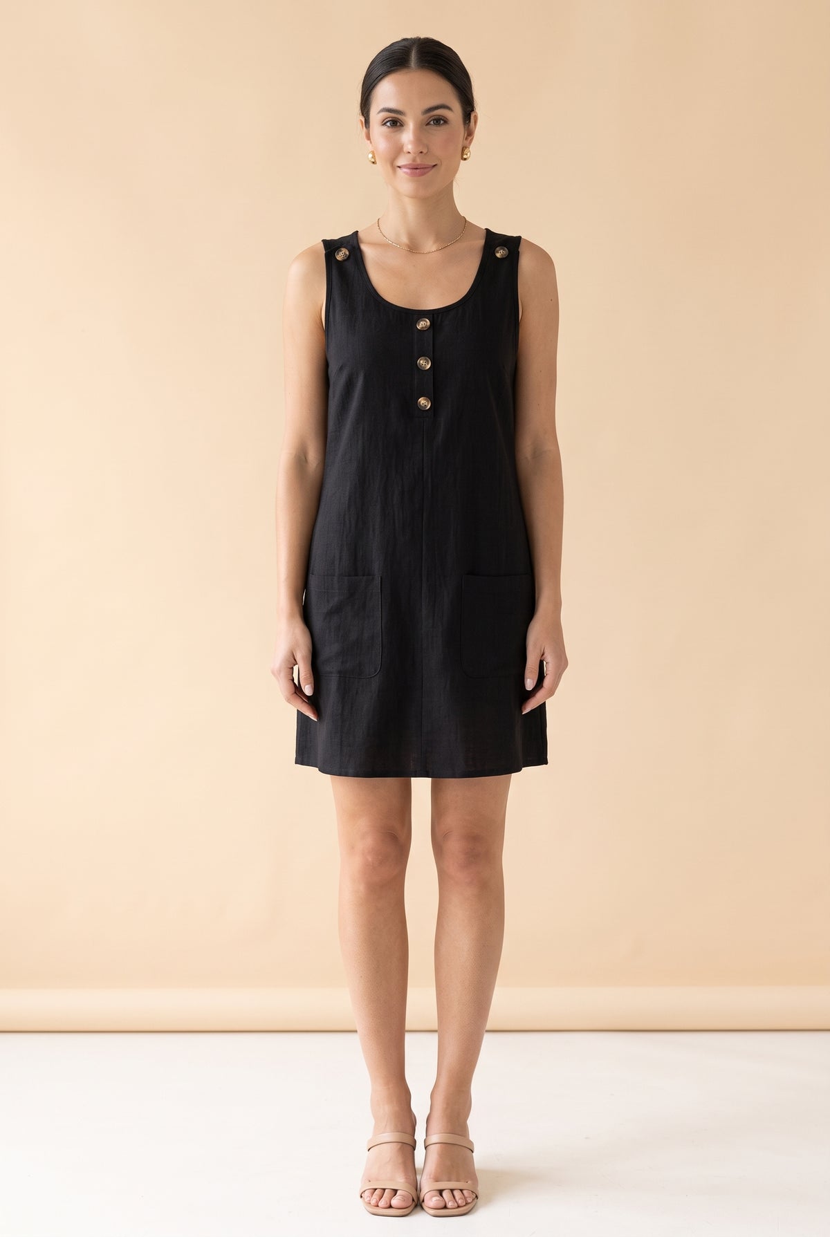 Sleeveless Round Neck Linen Mini Dress with Buttons in black