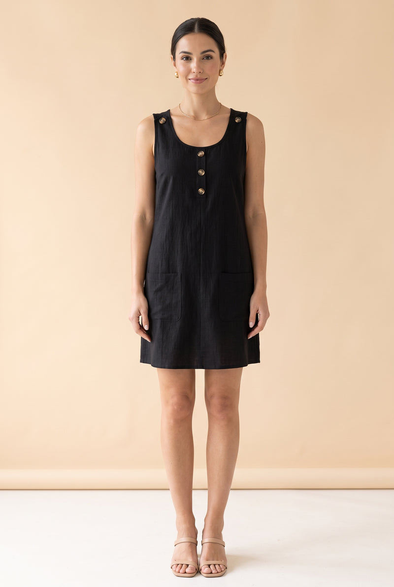 Sleeveless Round Neck Linen Mini Dress with Buttons in black