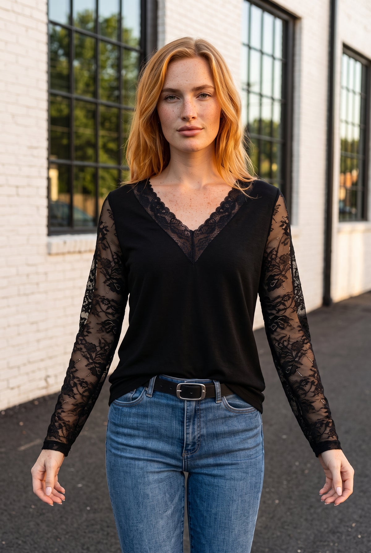 Black Lace Long Sleeve Top with V-Neck – photo 5