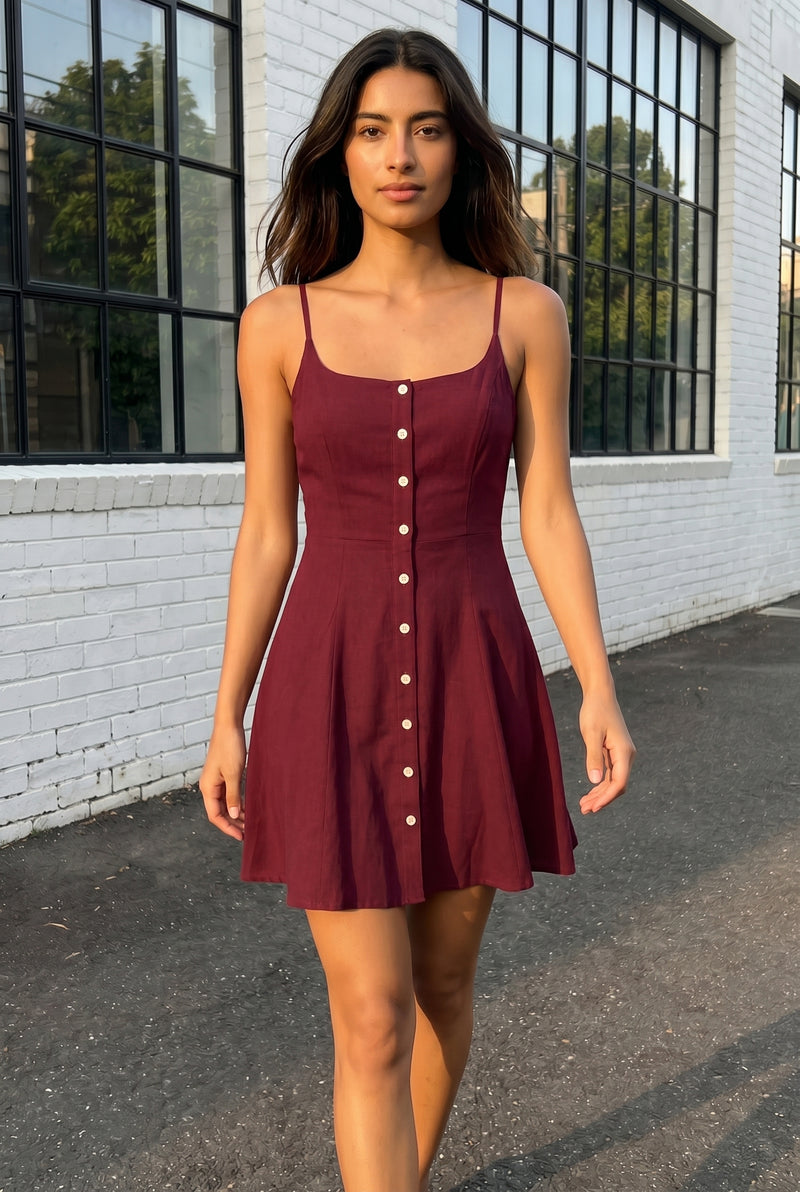 Linen Strappy Button Front Mini Dress in red – photo 9