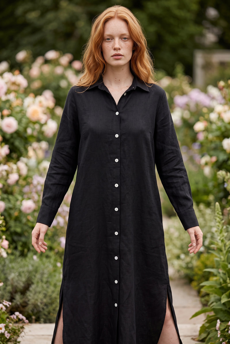 Long Sleeve Buttoned Maxi Shirt Dress with Side Slits in black – photo 5