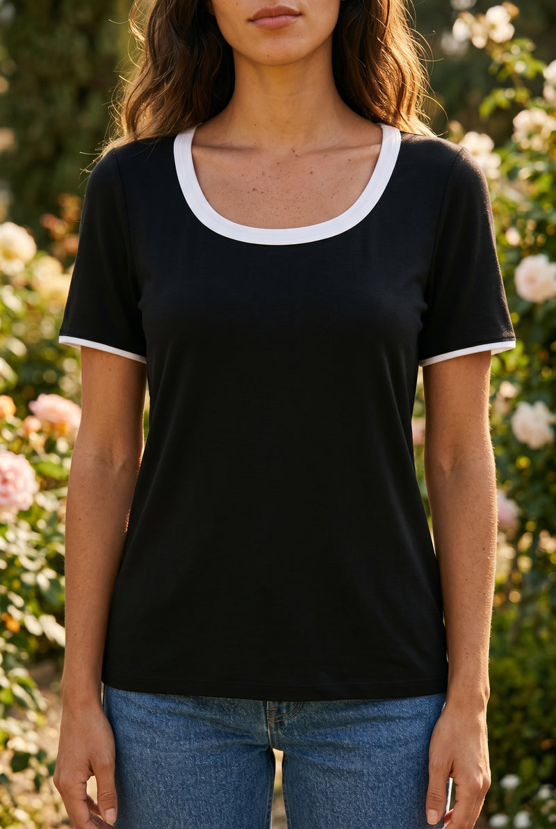 Short Sleeve Round Neck Viscose Top with Contrast Trim in black