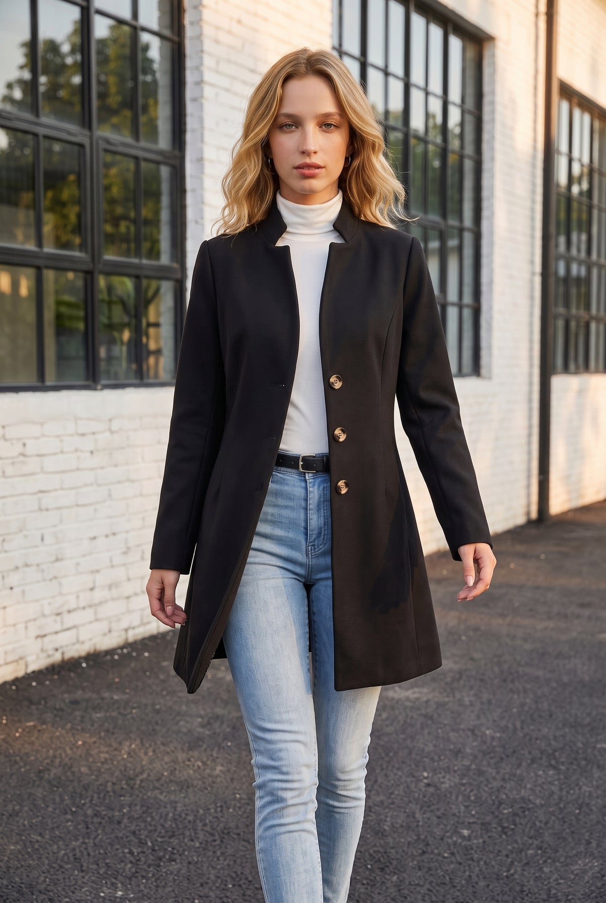 Black Buttoned Coat with Mandarin Collar and Long Sleeves – photo 3