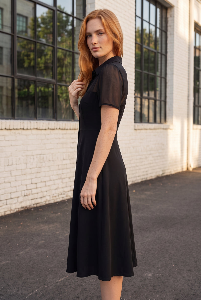 Black Midi Dress with Short Sleeves and Sheer Yoke – photo 2