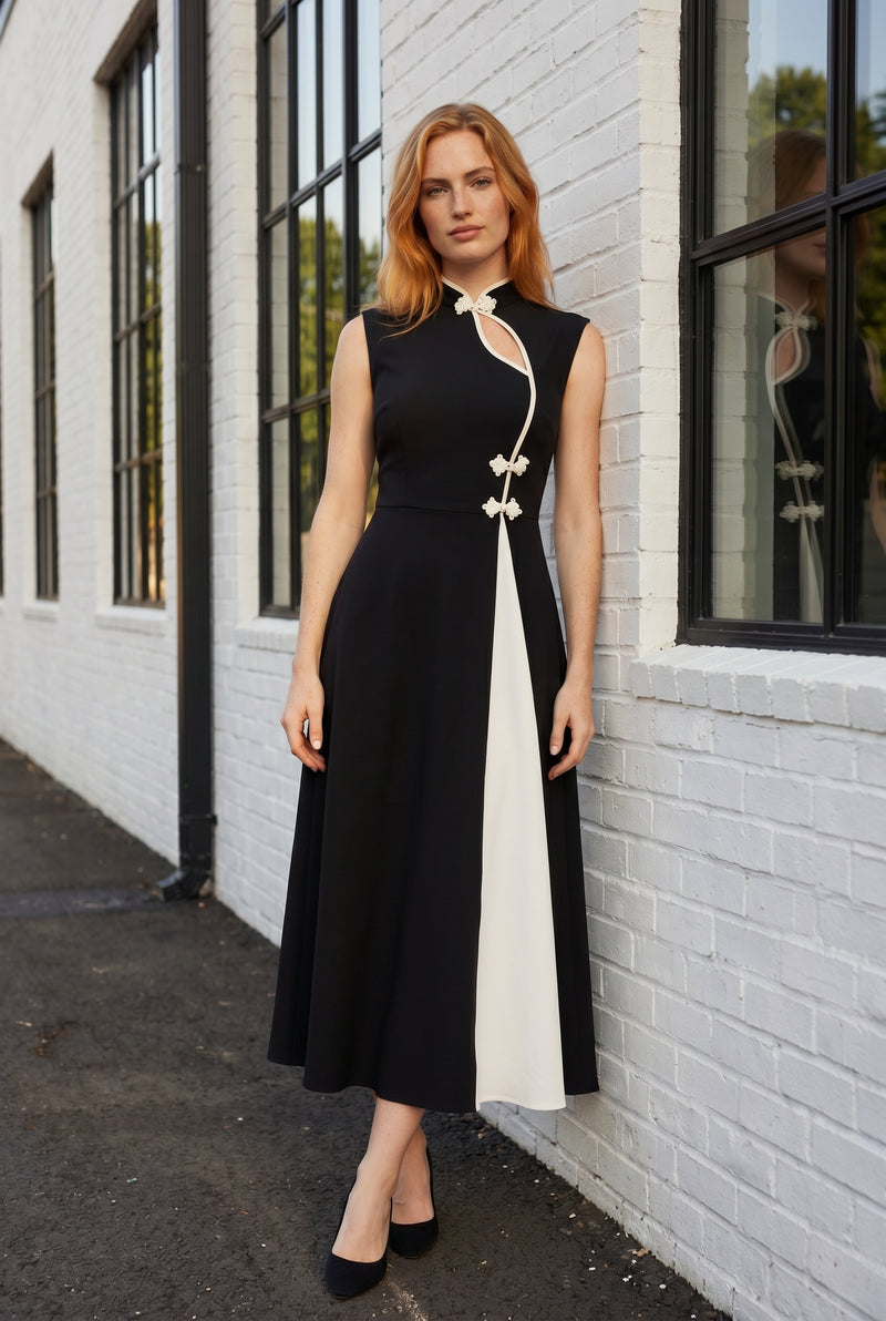 Ärmelloses A Linie Midikleid mit Stehkragen in Schwarz