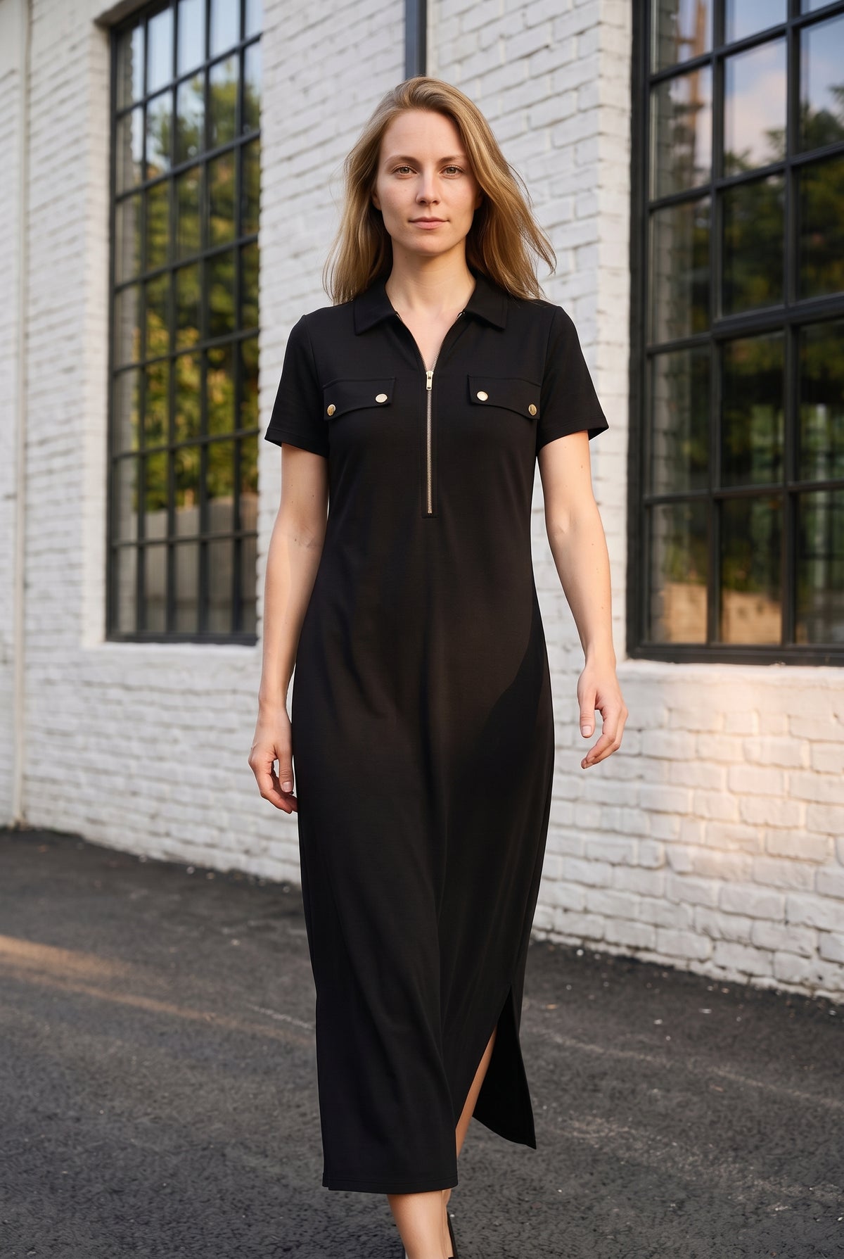 Kurzarm Maxikleid mit Reißverschluss und Kragen in Schwarz – Foto 3