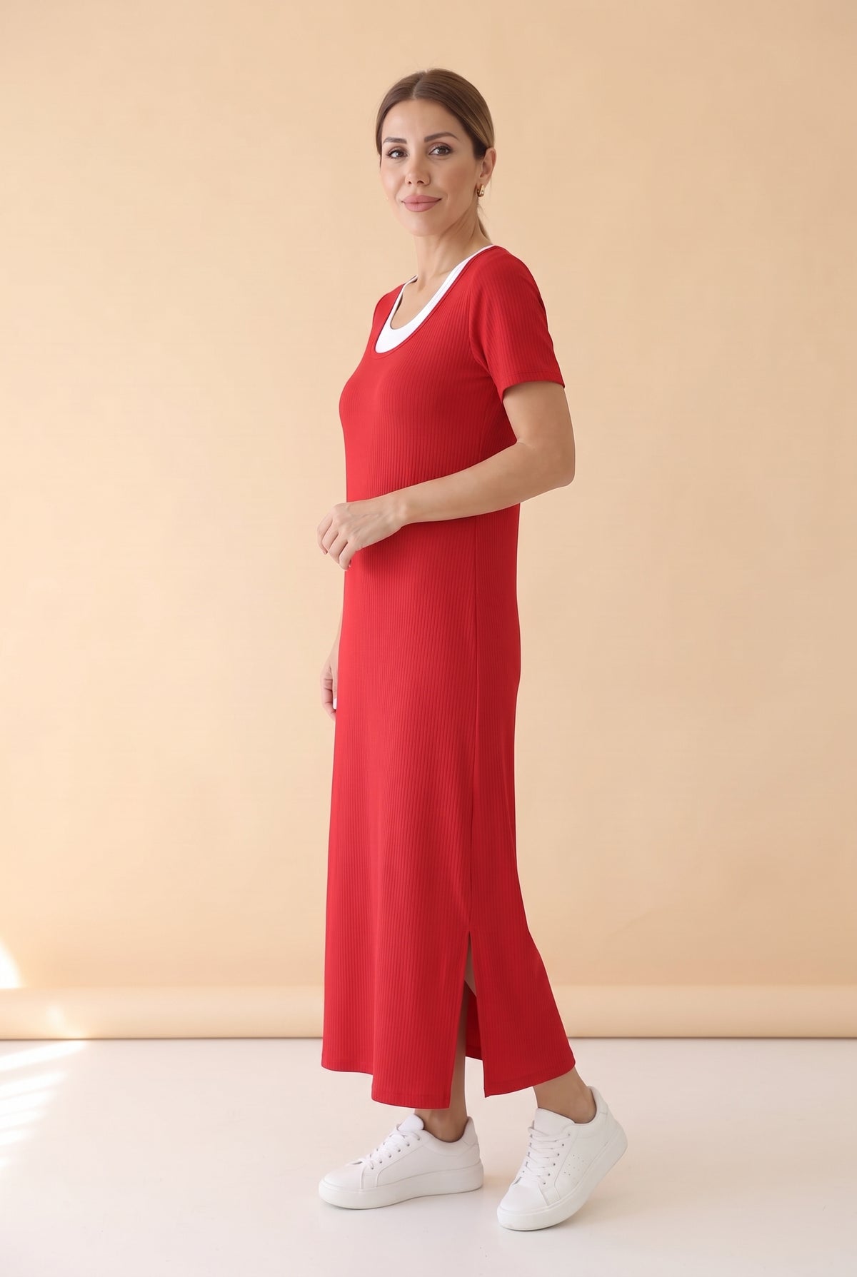Short Sleeve Viscose Long Dress with Slit in red – photo 3