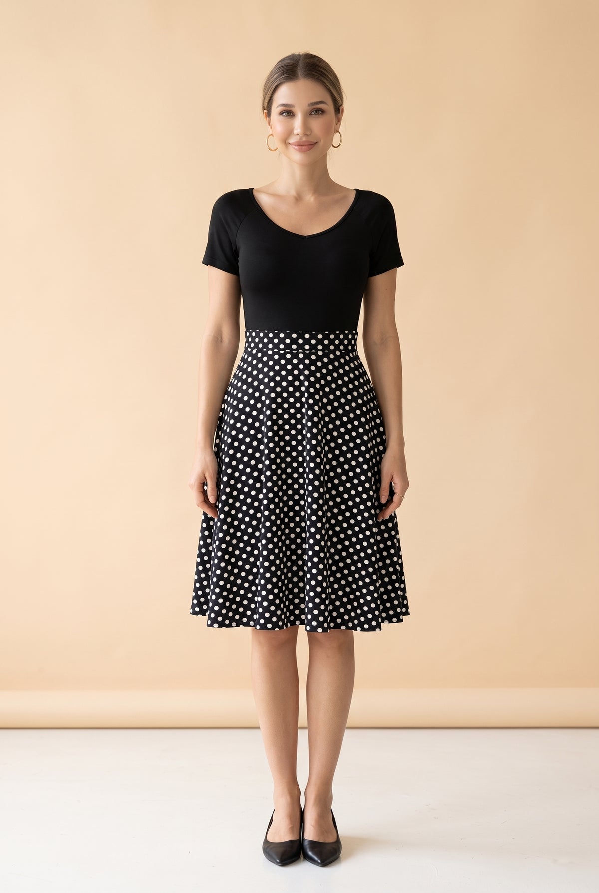Polka Dot V-Neck A-Line Mini Dress in black