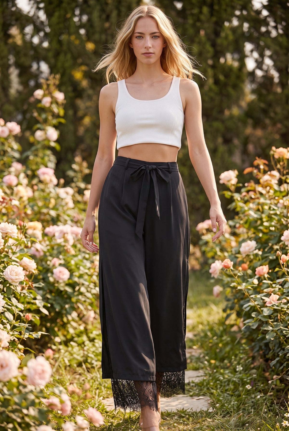 Black High Waisted Trousers with Lace Hem – photo 3