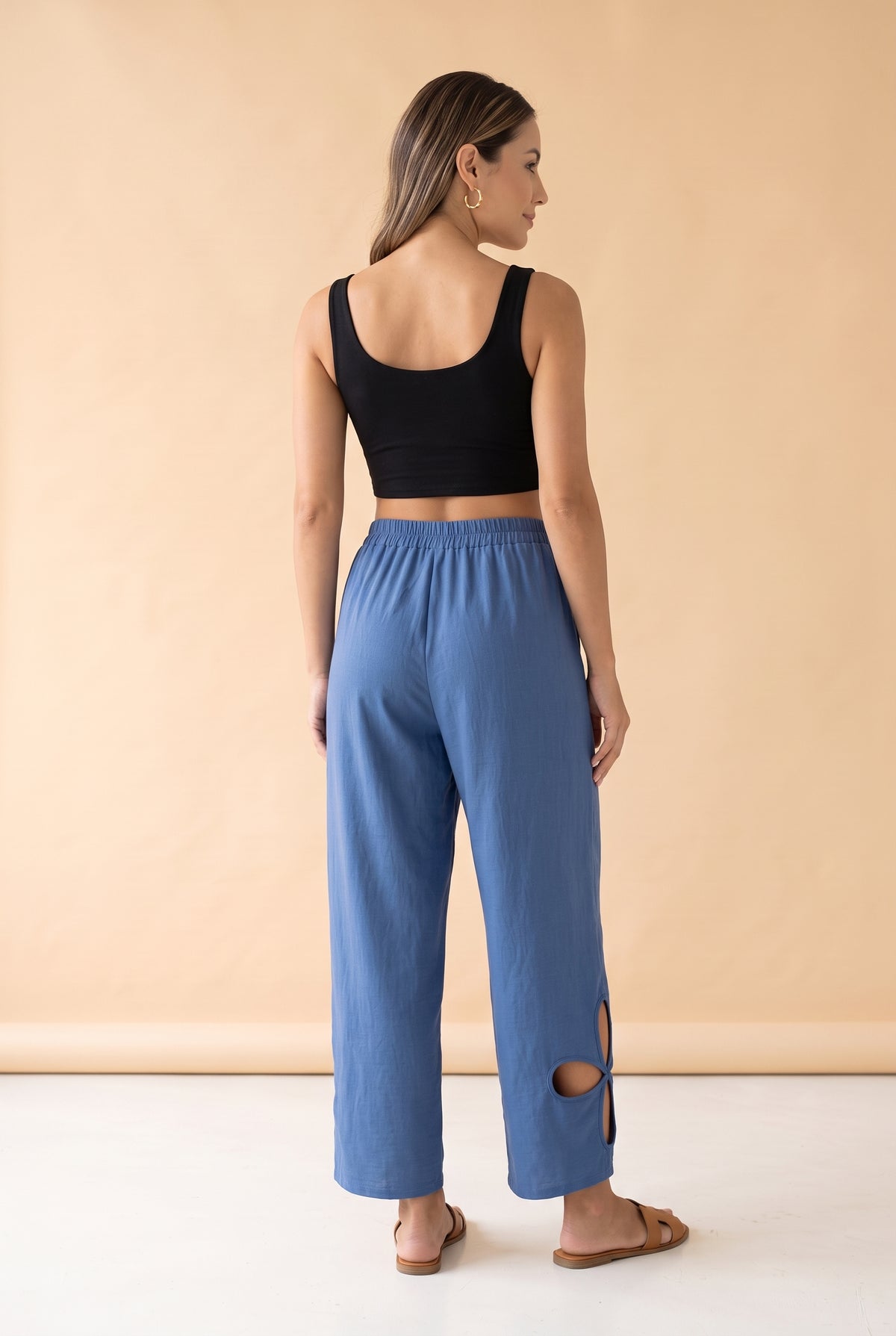 Elasticated Waist Linen Trousers with Cut-Outs in blue – photo 4