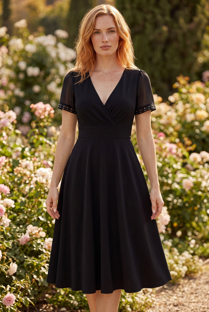 Black Midi Dress with Embellished Short Sleeves – photo 5