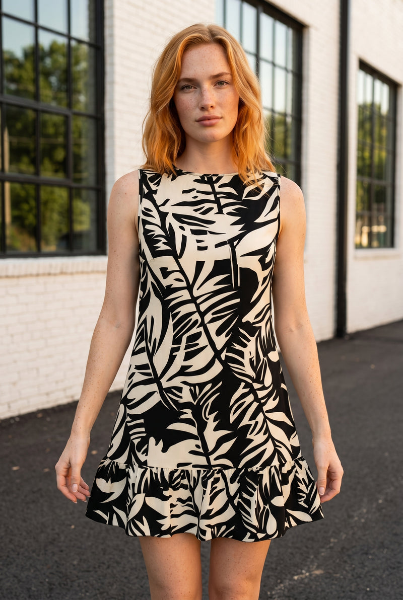 Printed Sleeveless Mini Dress with Ruffled Hem in black – photo 5