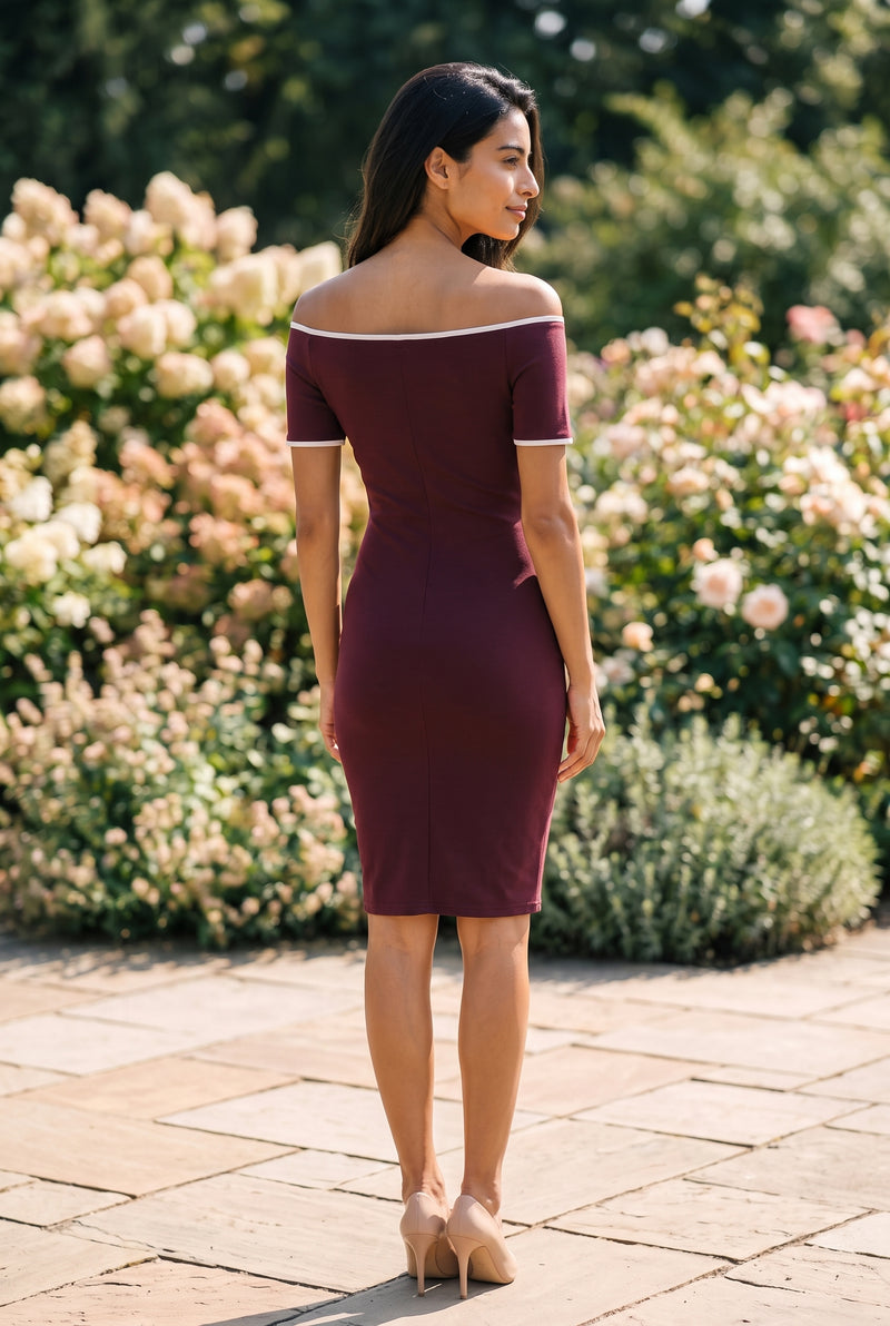 Off-Shoulder Crepe Short Dress with Contrast Piping in burgundy – photo 2
