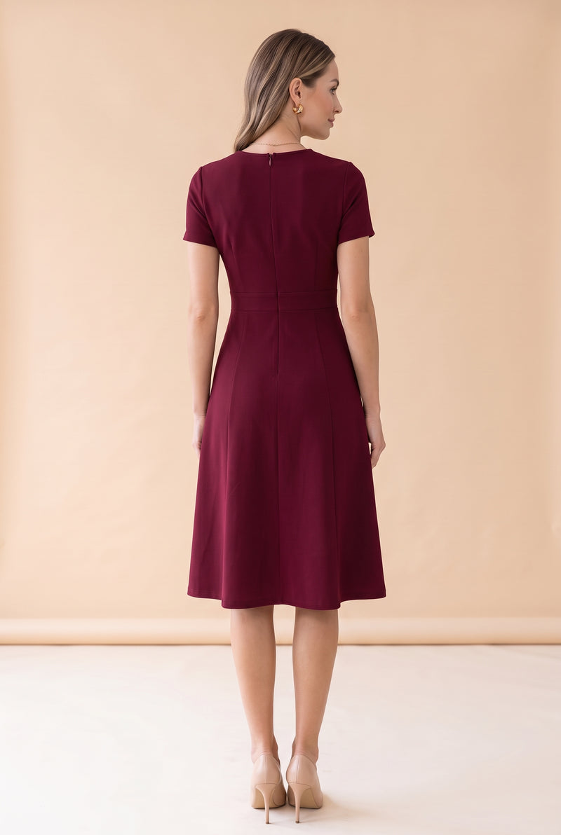 Short Sleeve Crew Neck Crepe Midi Dress with Pockets in burgundy – photo 8