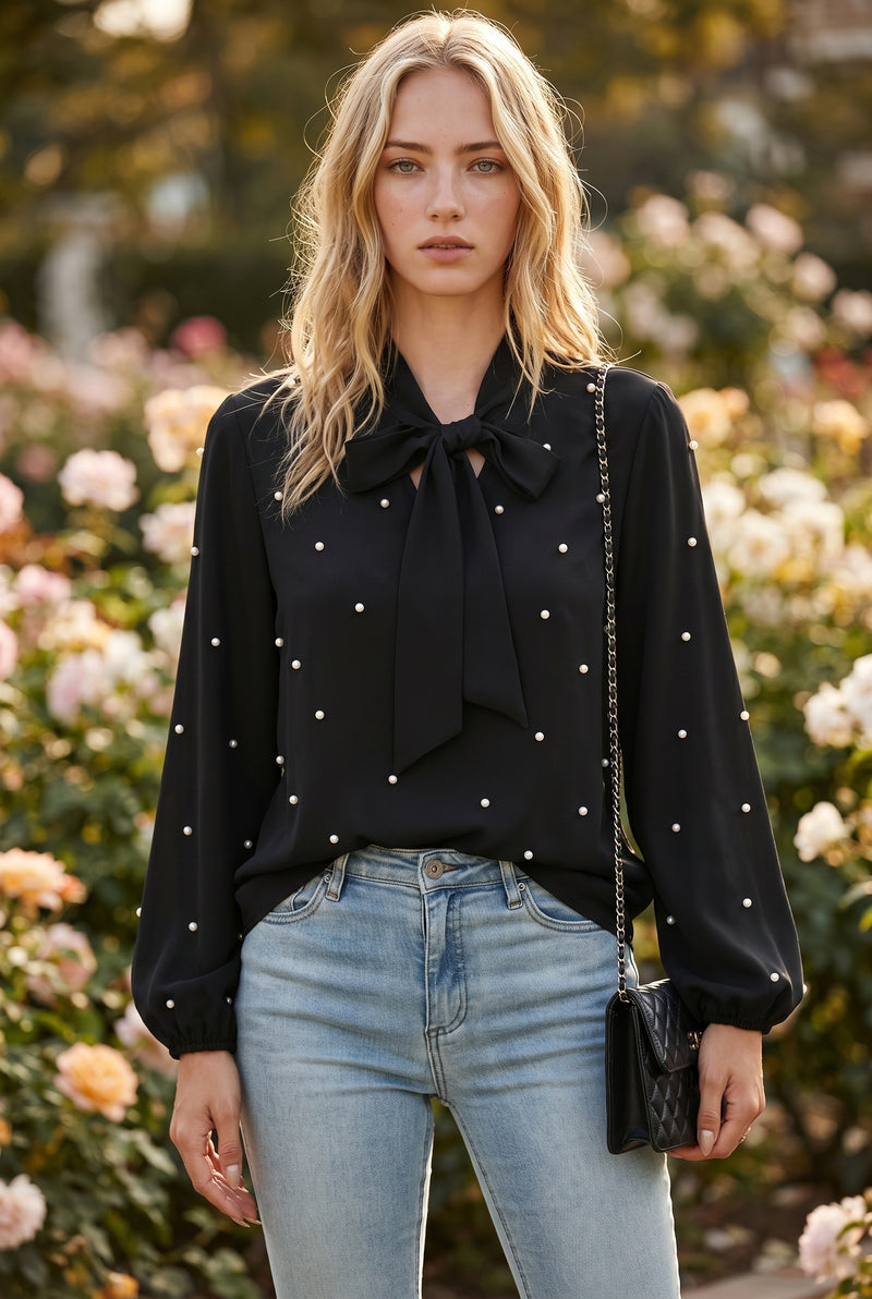 Black Long Sleeve Top with Pearl Details