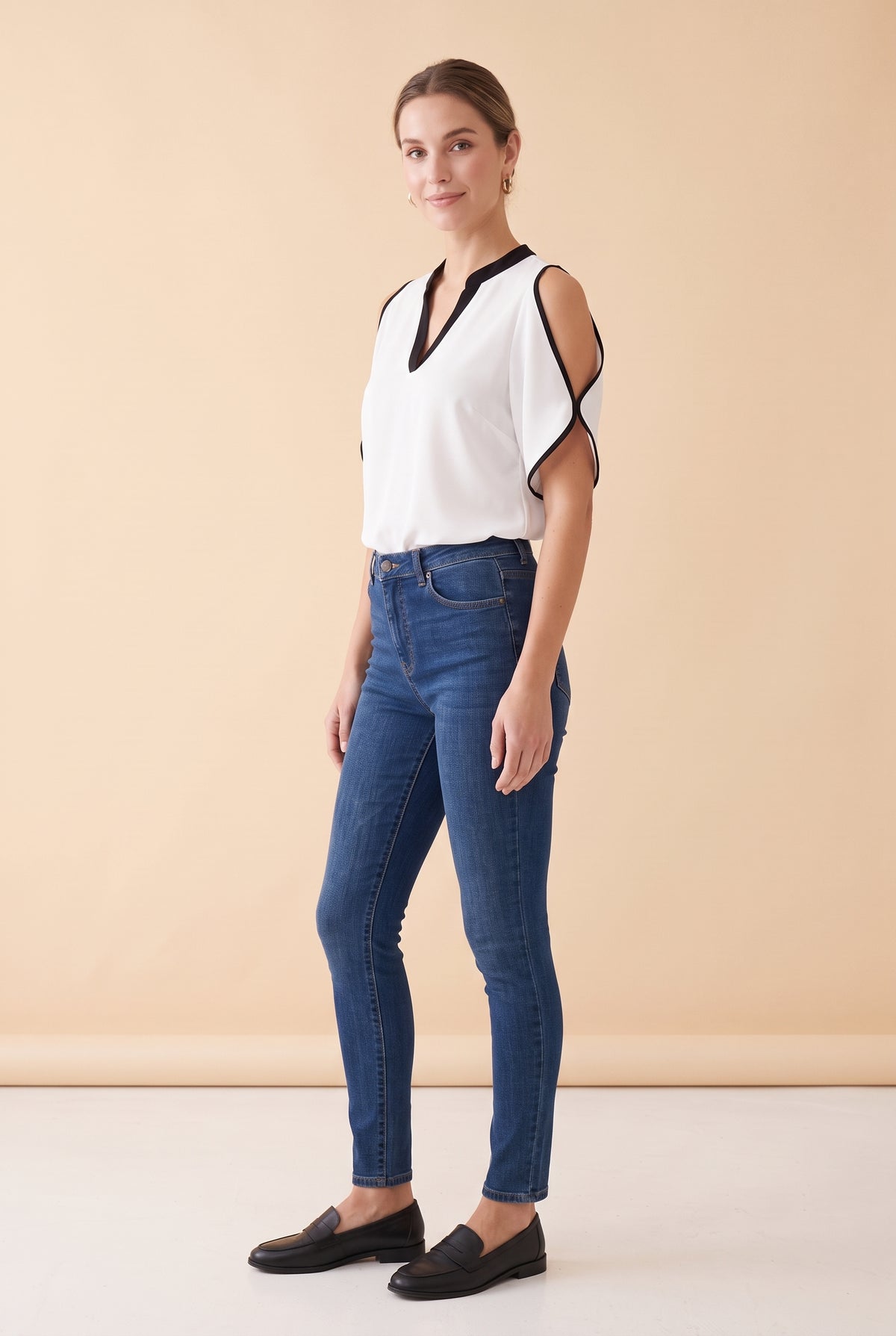 Short Sleeve V Neck Crepe Top with Cutouts in white – photo 2
