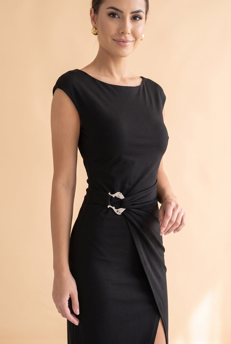 Black Midi Dress with Ruched Side and Slit – photo 5