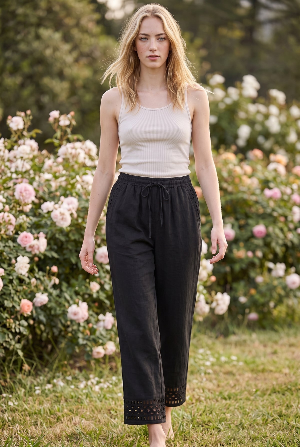 Black Elasticated Waist Linen Trousers with Lace Hem – photo 3