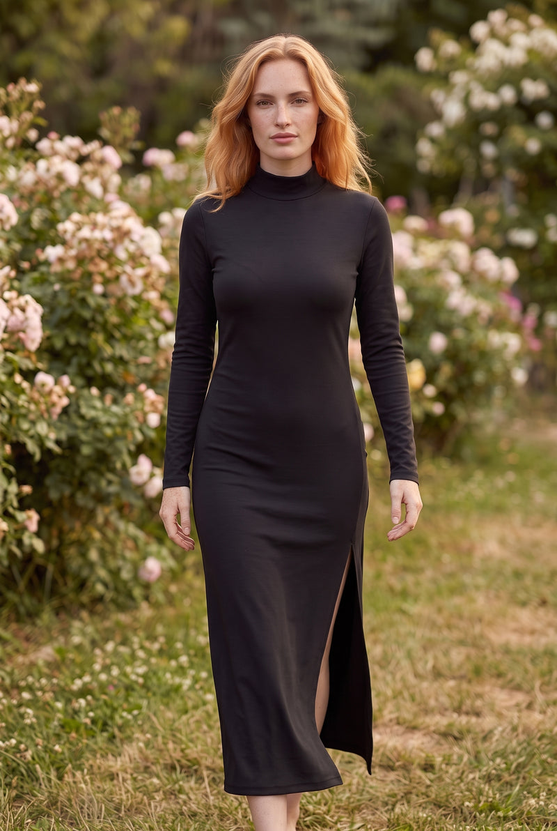 Long Sleeve Turtleneck Modal Midi Dress with Slit in black – photo 3